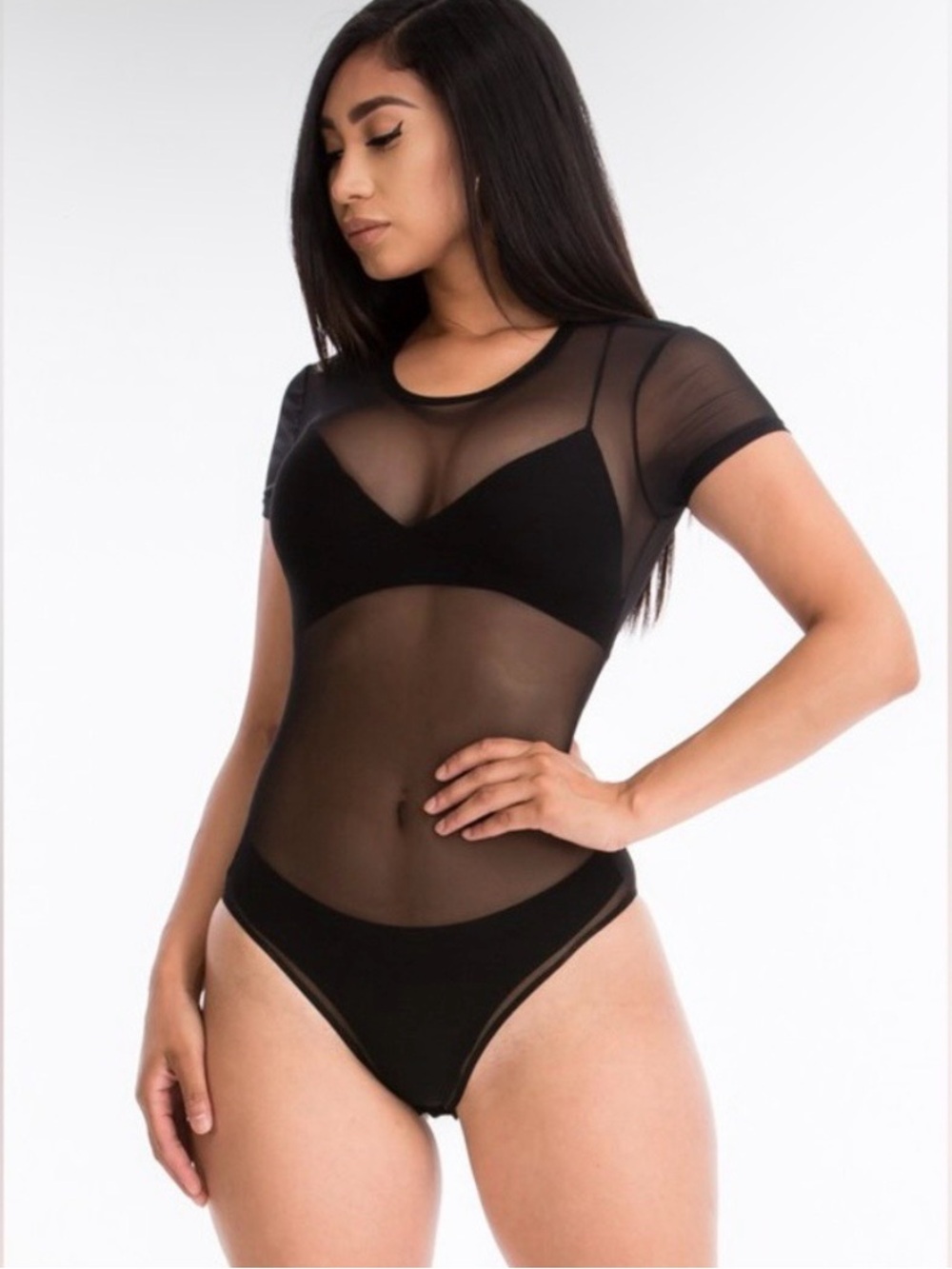 Women's Black Sheer Mesh Bodysuit